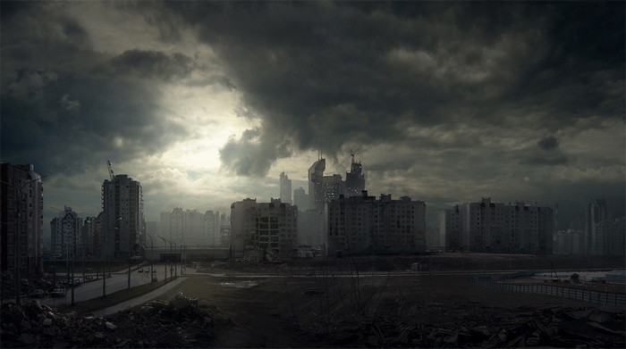 Apocalyptic city ruins under a stormy sky