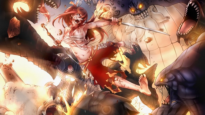 Erza Scarlet fighting monsters in Fairy Tail