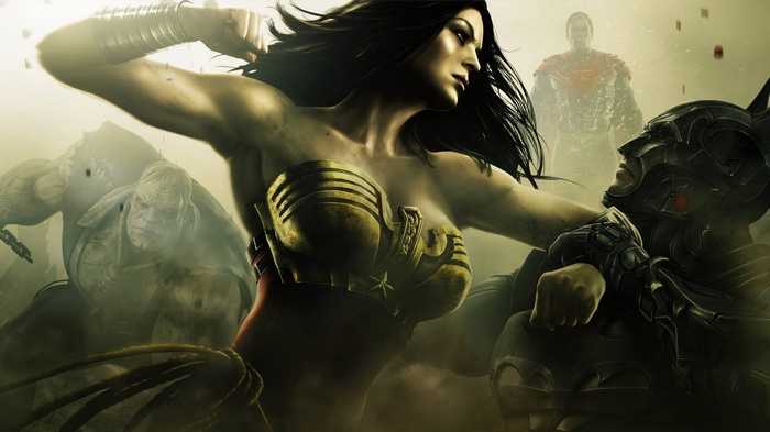 Wonder Woman fighting Batman with Superman and Doomsday in background