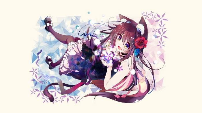 Anime Cat Girl with Flowers and Geometric Patterns