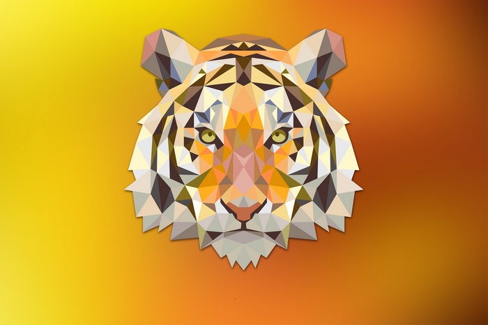 Low poly tiger face on orange and yellow gradient background