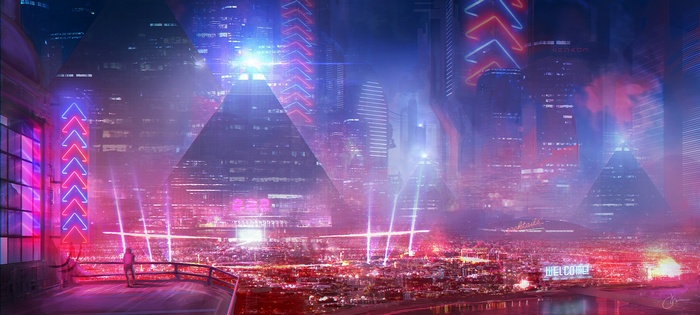 Cyberpunk city with neon lights and pyramids