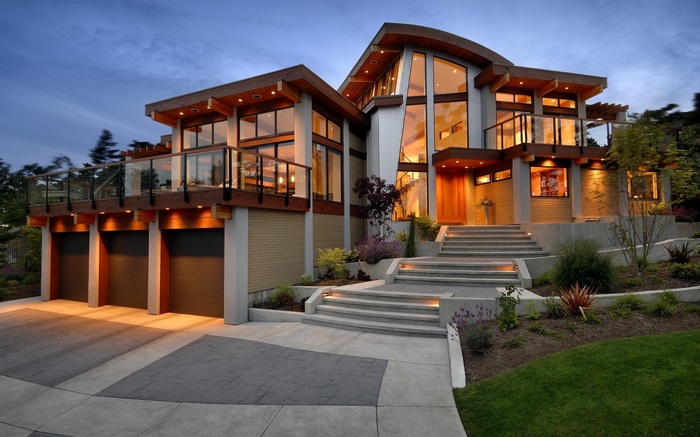 Modern house with large windows and garage