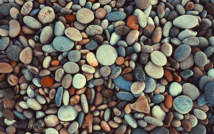 A close-up view of colorful, smooth pebbles on a beach.