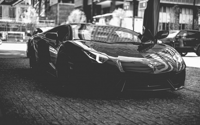 Black Lamborghini Aventador with doors open