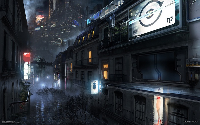 Futuristic city street at night with neon lights