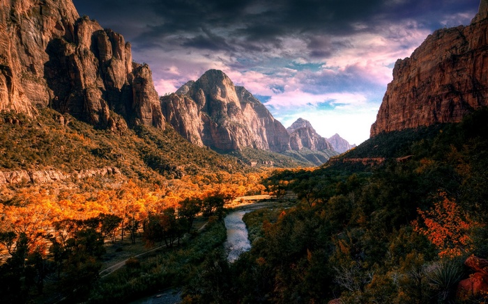 Zion National Park river valley with mountains and autumn trees