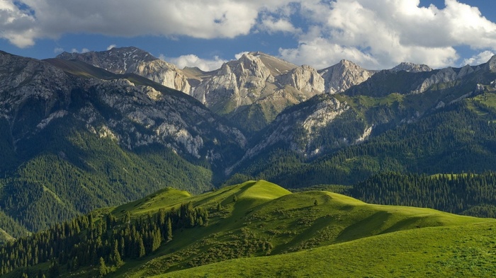 Green rolling hills and majestic mountains under a cloudy sky