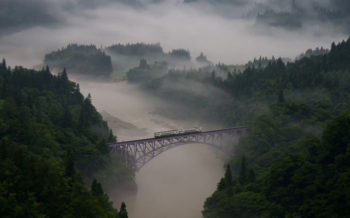 Train crossing a bridge over a misty river valley