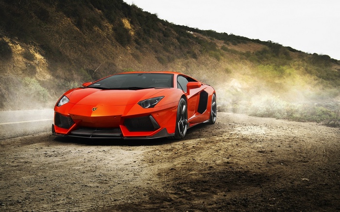 Orange Lamborghini Aventador on a dirt road