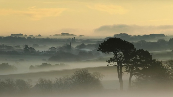 Misty landscape with trees and a distant church