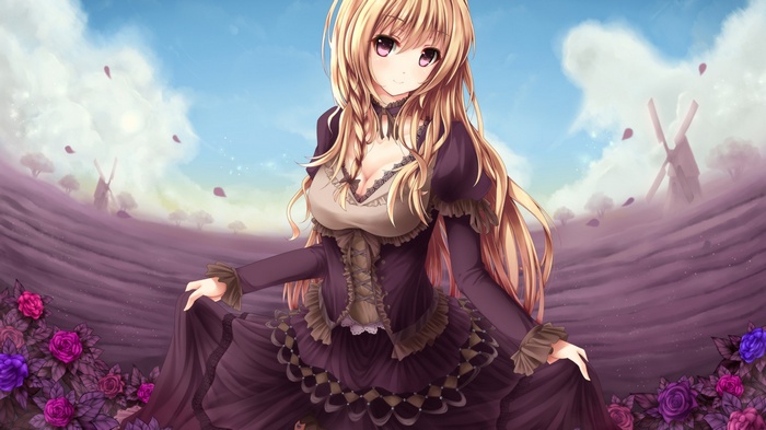 Anime girl with blonde hair in a purple dress