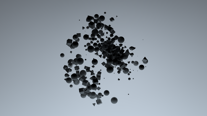 Abstract cluster of dark geometric shapes floating in a gradient.