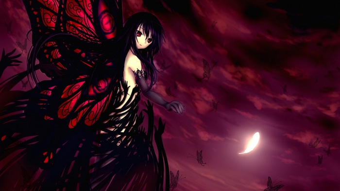Anime girl with butterfly wings and red eyes