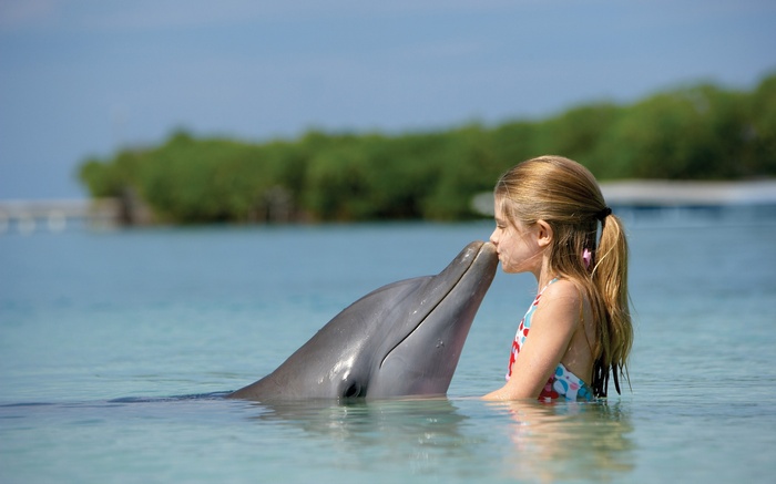 Girl kissing a dolphin in the water