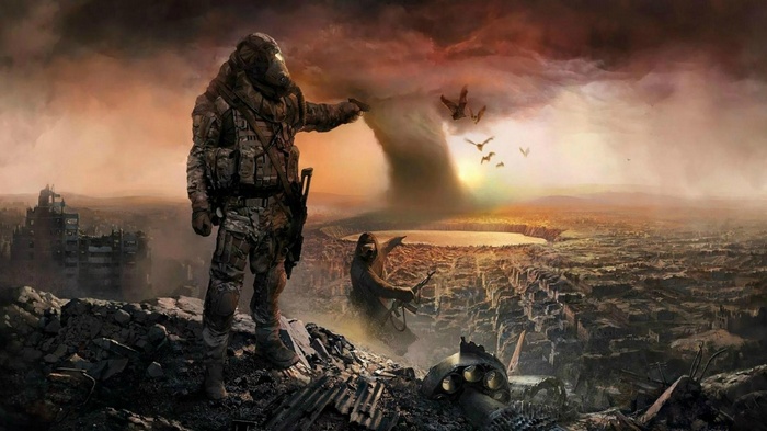 Soldier in apocalyptic landscape with tornado and bats