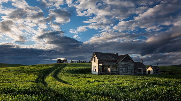 Abandoned farmhouse in a green field under a cloudy sky