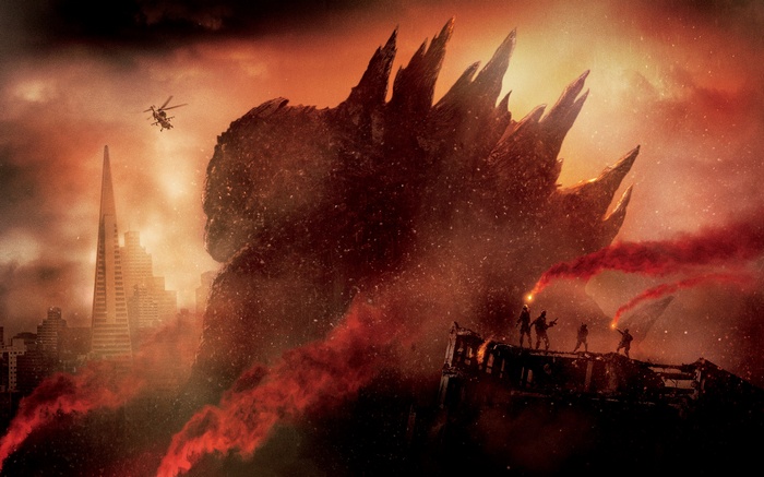 Godzilla artwork with city and red smoke