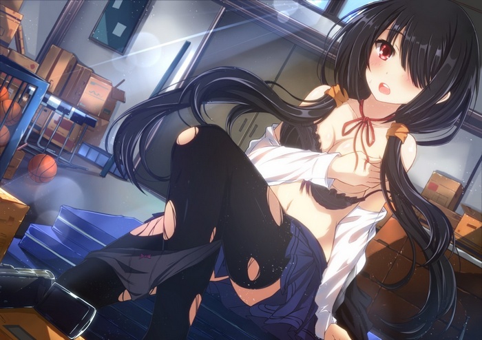 Kurumi Tokisaki in torn clothes with basketballs