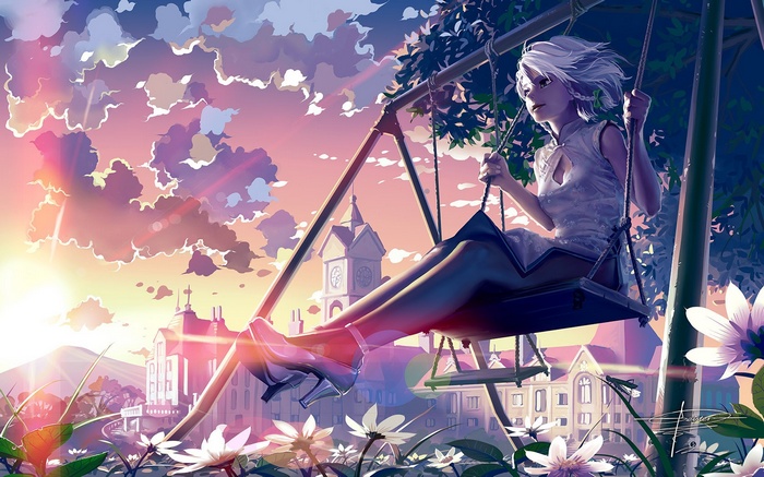 Anime girl on a swing at sunset