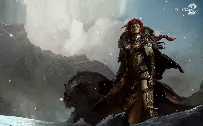 Guild Wars 2 warrior with wolf in snowy mountains