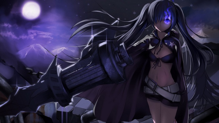 Black Rock Shooter with a large gun under the moon