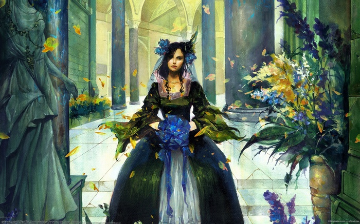 Fantasy girl in a dark dress holding blue flowers