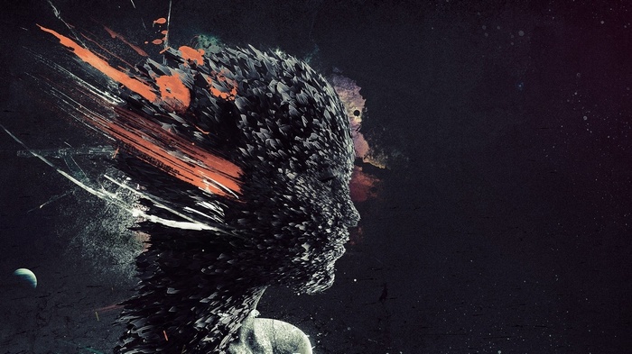Abstract digital art of a human head exploding