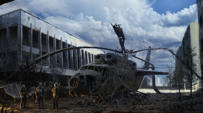 S.T.A.L.K.E.R. apocalyptic scene with helicopter and soldiers