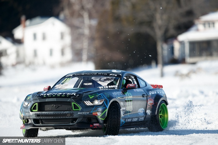 Monster Energy Ford Mustang RTR drifting in snow