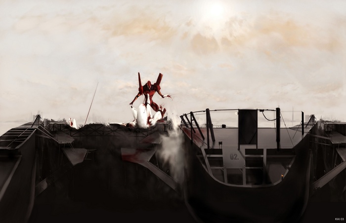 EVA Unit 02 in a destroyed industrial setting