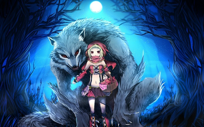fantasy art, Little Red Riding Hood, anime girls, fantasy girl, werewolves, anime
