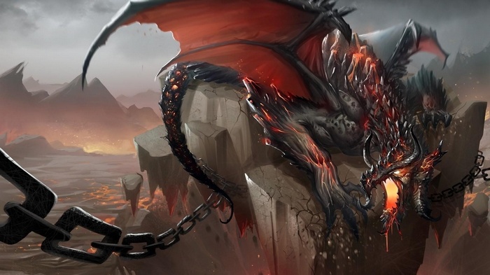 A chained dragon in a fiery landscape