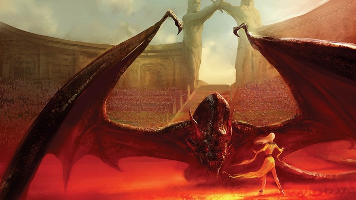 Daenerys Targaryen and a dragon in an arena