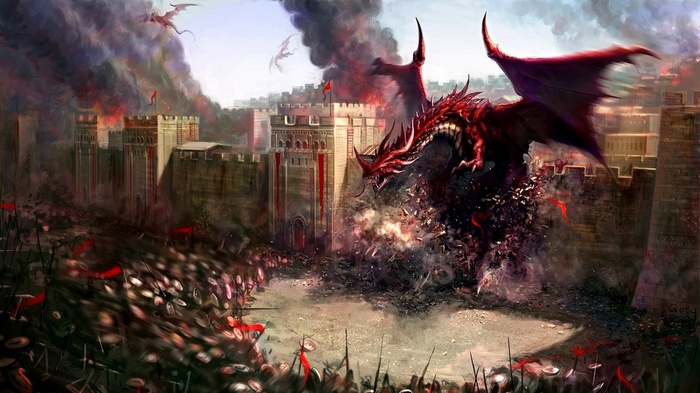 Red Dragon attacking a medieval castle with soldiers