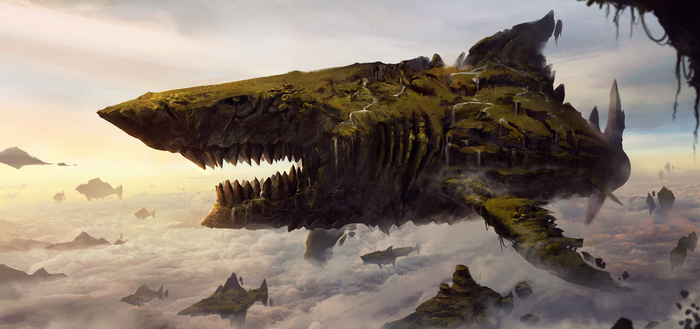 Fantasy shark island floating in the clouds