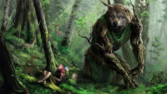 Fantasy forest with a wolf-like creature and a girl