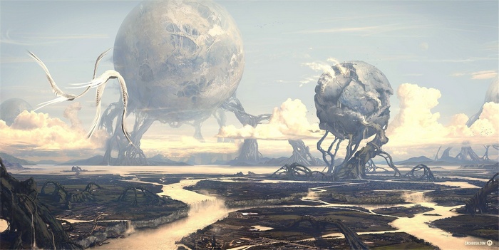 Alien landscape with giant organic structures and flying creatures