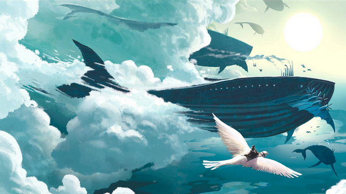 Fantasy art of flying whales and a bird rider