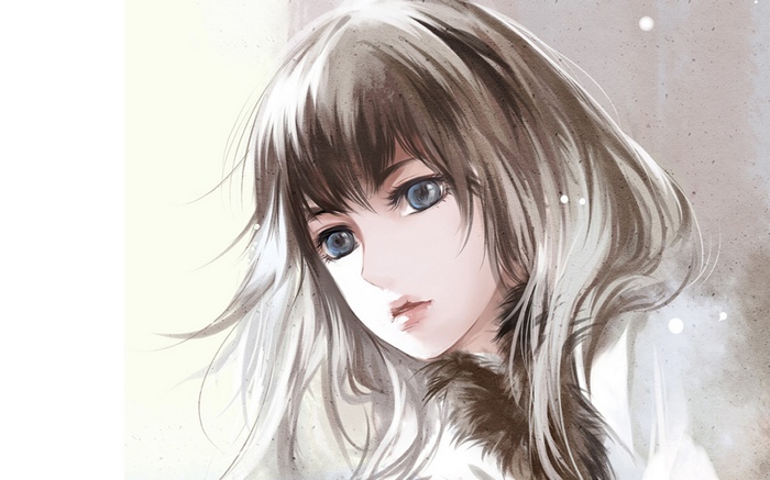 Anime painting of a young woman with blue eyes