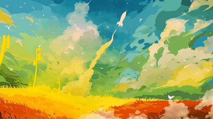 Colorful artwork of a rocket launch