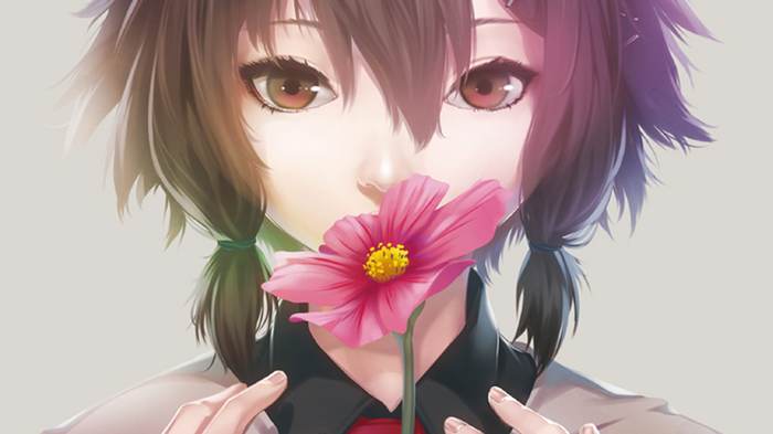 Anime girl holding a pink flower