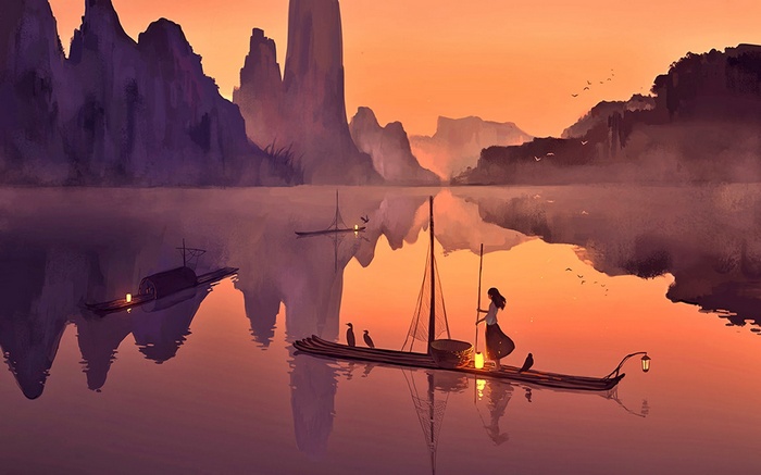 Girl fishing on a boat at sunset with mountains
