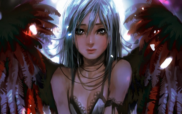 Anime girl with dark feathered wings