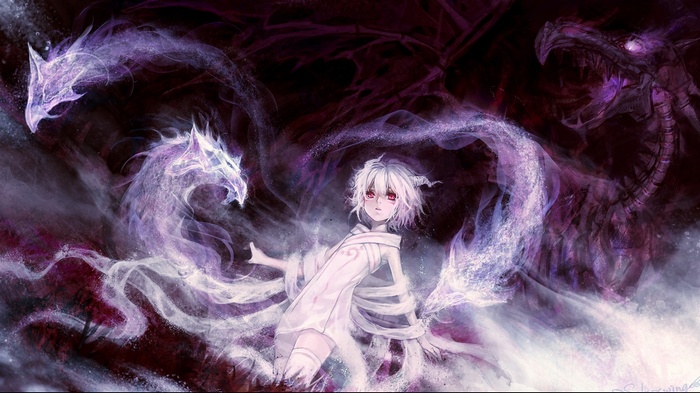 Girl with white hair and purple dragons