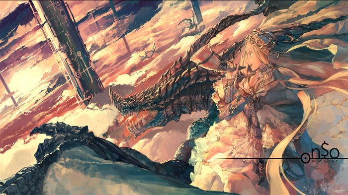 Girl and dragon with tower in the sky