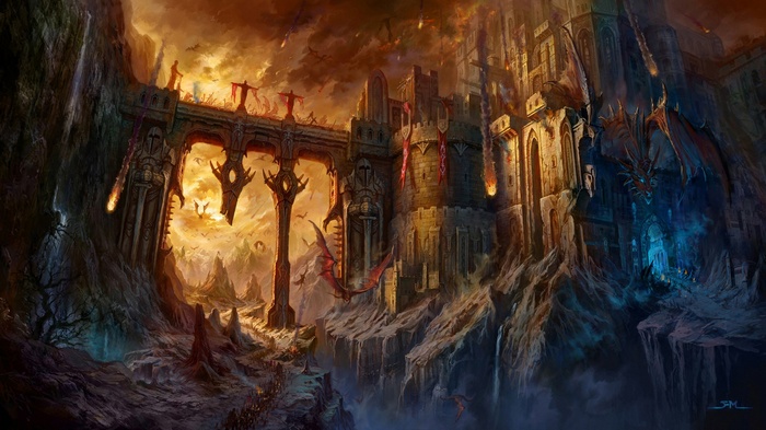Fantasy art of dragons attacking a castle