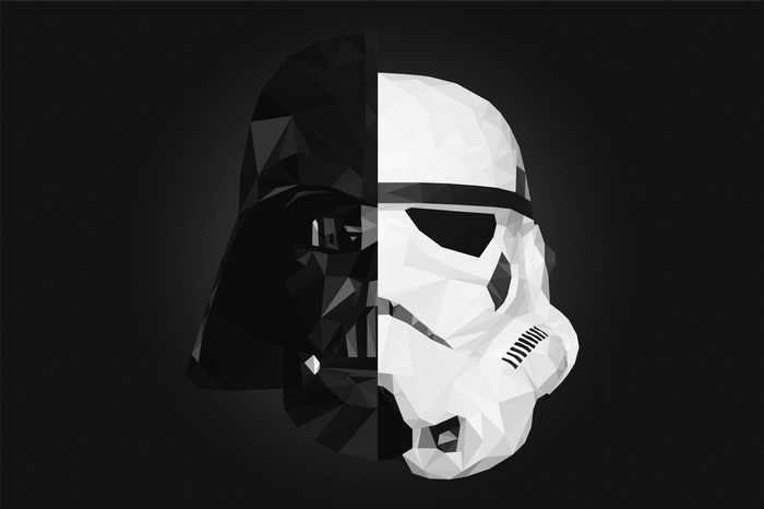 Low poly Darth Vader and Stormtrooper split helmet
