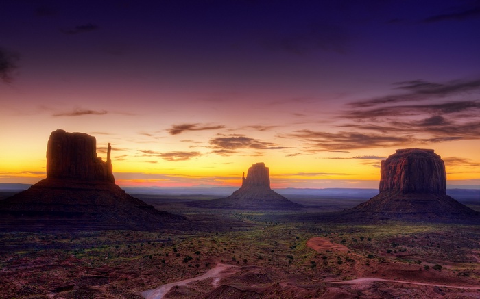 Monument Valley at sunset with colorful sky