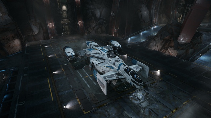 Star Citizen Cutlass spaceship in a hangar